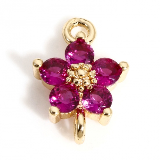 Picture of 2 PCs Brass Connectors Charms Pendants Flower 18K Real Gold Plated Fuchsia Cubic Zirconia 12mm x 8mm                                                                                                                                                          