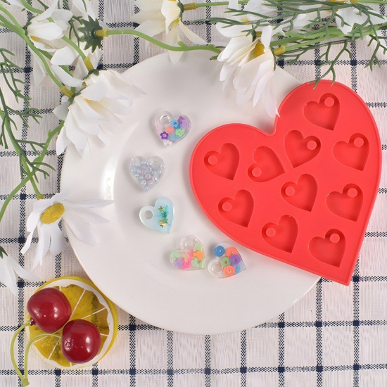 Bild von 1 Stück Silikon Valentinstag Harzform für Schlüsselanhänger, Halskette, Ohrring, Anhänger, Schmuck, DIY-Herstellung Herz Rot 11cm x 10.5cm