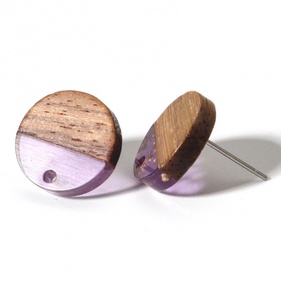 10 個 木目調樹脂 イヤリング イヤリングパーツ 円形 紫 ループ付き 14mm 直径、 ワイヤーサイズ: （21号）、 の画像