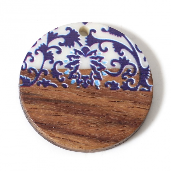 Picture of 5 PCs Wood Effect Resin Pendants Dark Blue Round 28mm Dia