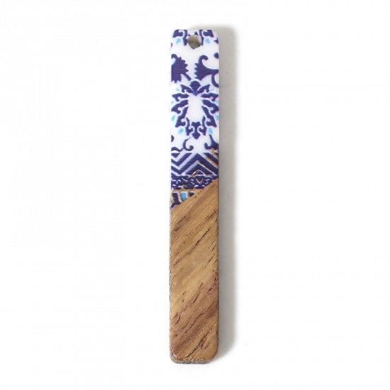 Picture of 5 PCs Wood Effect Resin Pendants Dark Blue Strip 5.2cm x 0.8cm
