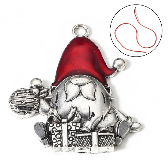 Image de 1 Pièce Pendentifs Noël en Alliage de Zinc Argent Vieilli Rouge Père de Noël Émail 6.7cm x 6.1cm