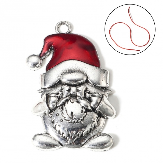 Image de 1 Pièce Pendentifs Noël en Alliage de Zinc Argent Vieilli Rouge Père de Noël Émail 6.7cm x 4.2cm