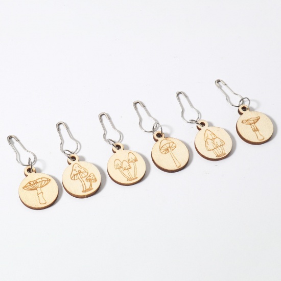 Picture of 1 Set ( 6 PCs/Set) Wood Knitting Stitch Markers Round Mushroom Silver Tone Natural 5cm x 2cm