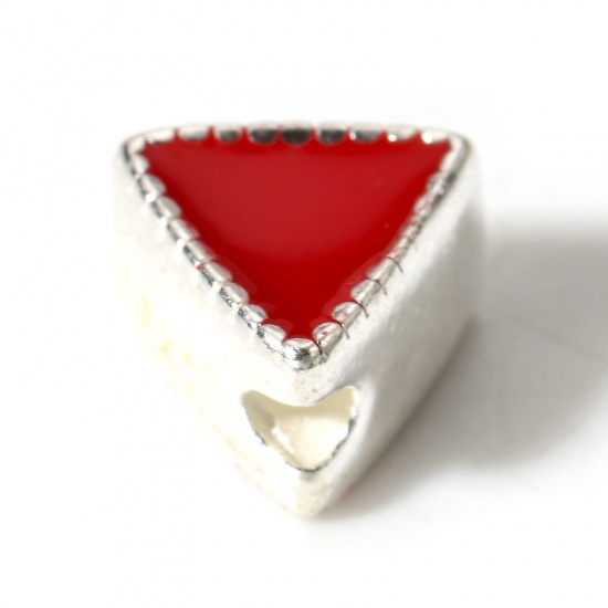 Imagen de 1 Unidad Plata de Ley Cuentas para la Fabricación de Joyas con Dijes de Bricolaje Triángulo Plata Rojo Esmalte de Doble Cara 6mm x 6mm-5mm x 8mm Dia.