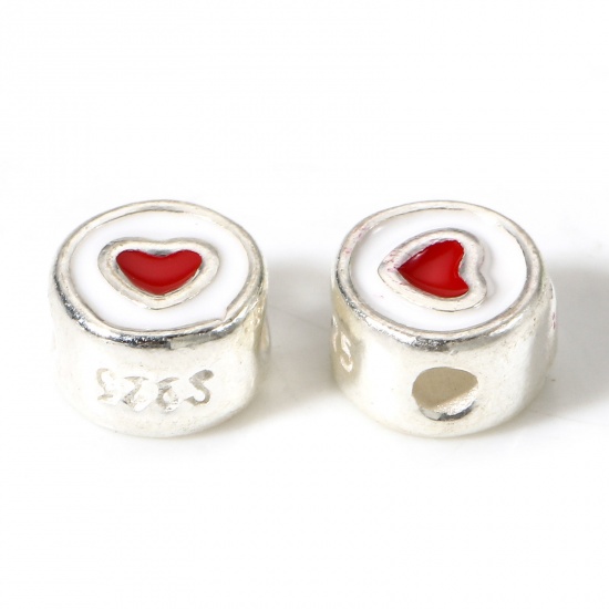 Imagen de 1 Unidad Plata de Ley Cuentas para la Fabricación de Joyas con Dijes de Bricolaje Ronda Plata Rojo Corazón Esmalte de Doble Cara 5mm Dia.