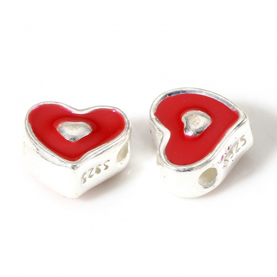 Imagen de 1 Unidad Plata de Ley Cuentas para la Fabricación de Joyas con Dijes de Bricolaje Corazón Plata Rojo Esmalte de Doble Cara 6mm x 5.5mm