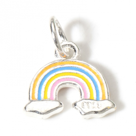 Picture of 1 Piece Sterling Silver Charms Silver Color Rainbow Cloud Enamel 14mm x 12mm