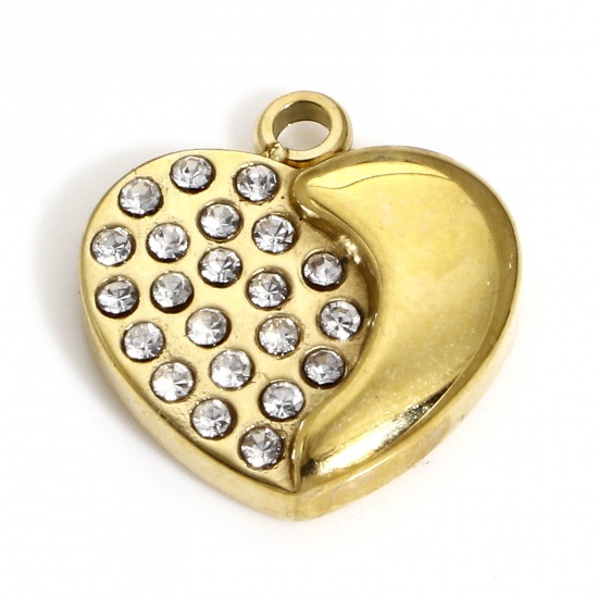 Picture of 1 Piece Vacuum Plating 304 Stainless Steel Valentine's Day Charms Gold Plated Heart Clear Rhinestone 14mm x 13mm