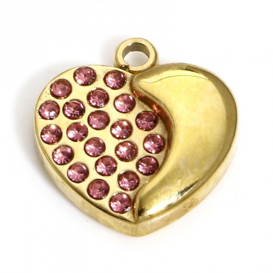 Picture of 1 Piece Vacuum Plating 304 Stainless Steel Valentine's Day Charms Gold Plated Heart Pink Rhinestone 14mm x 13mm