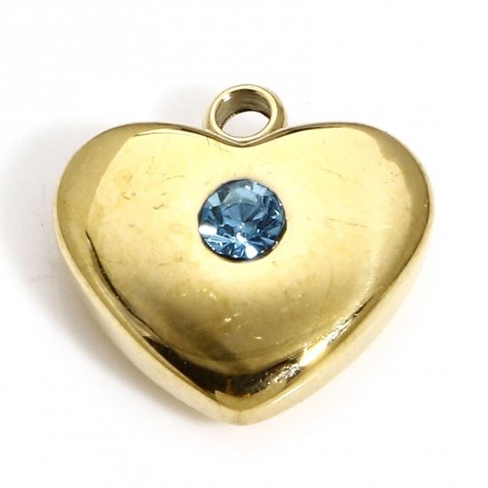 Picture of 1 Piece Vacuum Plating 304 Stainless Steel Valentine's Day Charms Gold Plated Heart Blue Rhinestone 11mm x 11mm