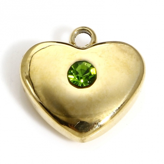 Picture of 1 Piece Vacuum Plating 304 Stainless Steel Valentine's Day Charms Gold Plated Heart Green Rhinestone 11mm x 11mm