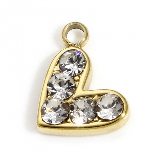 Picture of 1 Piece Vacuum Plating 304 Stainless Steel Valentine's Day Charms Gold Plated Heart Clear Rhinestone 10.5mm x 8mm