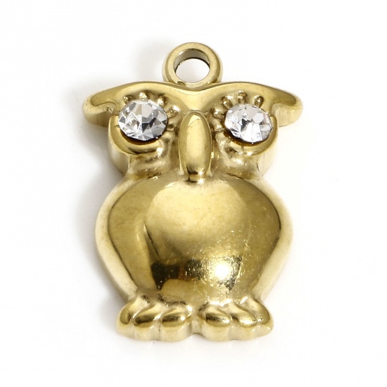 Picture of 1 Piece Vacuum Plating 304 Stainless Steel Cute Charms Gold Plated Owl Animal Clear Rhinestone 15.5mm x 11mm