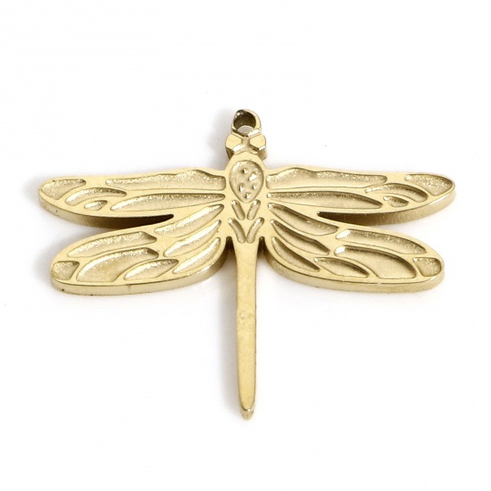 Picture of 1 Piece Vacuum Plating 304 Stainless Steel Insect Charms Gold Plated Dragonfly Animal 14.5mm x 12mm
