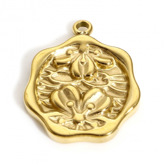 Picture of 1 Piece Vacuum Plating 304 Stainless Steel Hammered Charms Gold Plated Octagon Flower 19mm x 16mm