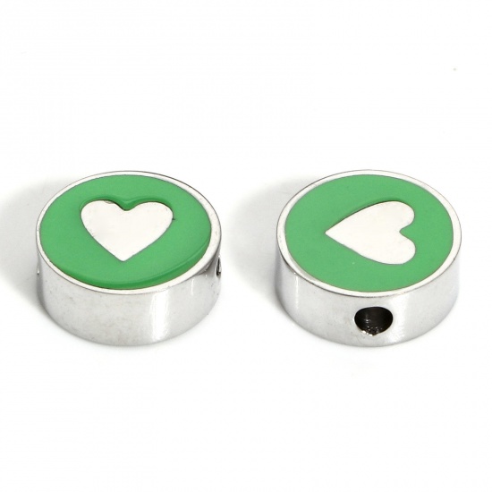 Picture of 1 Piece 304 Stainless Steel Stylish Beads For DIY Charm Jewelry Making Silver Tone Green Round Heart Enamel 10mm x 10mm
