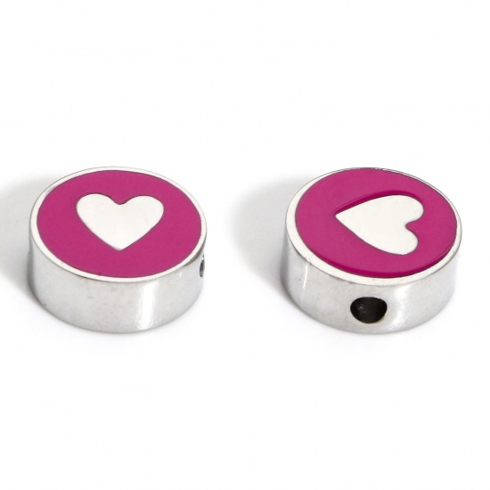 Picture of 1 Piece 304 Stainless Steel Stylish Beads For DIY Charm Jewelry Making Silver Tone Fuchsia Round Heart Enamel 10mm x 10mm