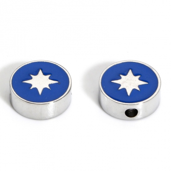 Picture of 1 Piece 304 Stainless Steel Stylish Beads For DIY Charm Jewelry Making Silver Tone Blue Round Star Enamel 10mm x 10mm