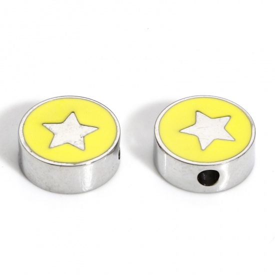 Picture of 1 Piece 304 Stainless Steel Stylish Beads For DIY Charm Jewelry Making Silver Tone Yellow Round Pentagram Star Enamel 10mm x 10mm