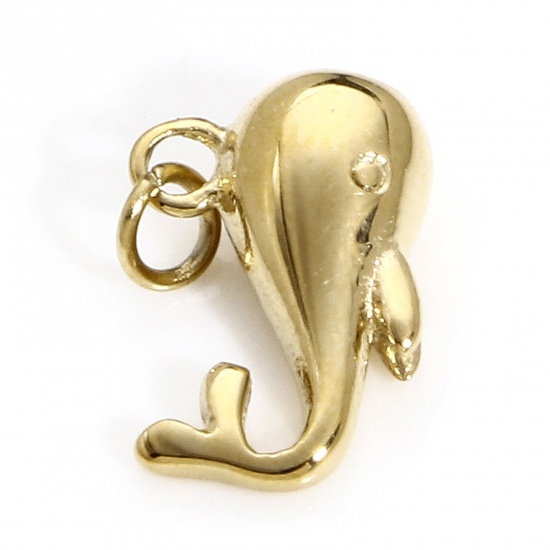 Picture of 1 Piece Vacuum Plating 316 Stainless Steel Cute Charms Gold Plated Dolphin Animal 10.5mm x 7mm