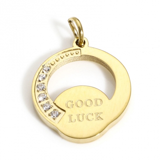 Picture of 1 Piece Vacuum Plating 316 Stainless Steel Geometric Charms Gold Plated Round Message " GOOD LUCK " Hollow Clear Cubic Zirconia 14mm x 12mm