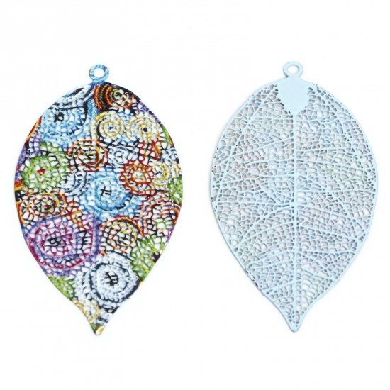 Picture of 5 PCs Iron Based Alloy Filigree Stamping Pendants Multicolor Leaf Painted 5.5cm x 2.9cm