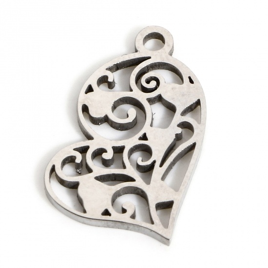 Picture of 1 Piece 304 Stainless Steel Valentine's Day Charms Silver Tone Heart Flower Leaves Hollow 16mm x 10mm