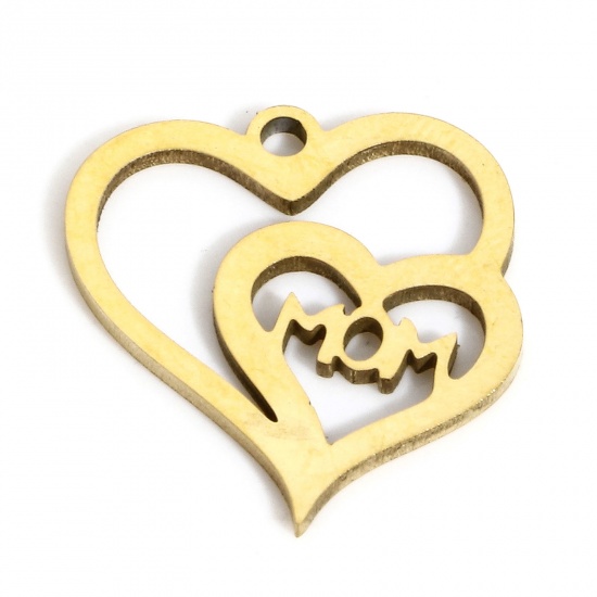 Picture of 1 Piece 304 Stainless Steel Valentine's Day Charms Gold Plated Heart Message " Mom " Hollow 16mm x 15mm