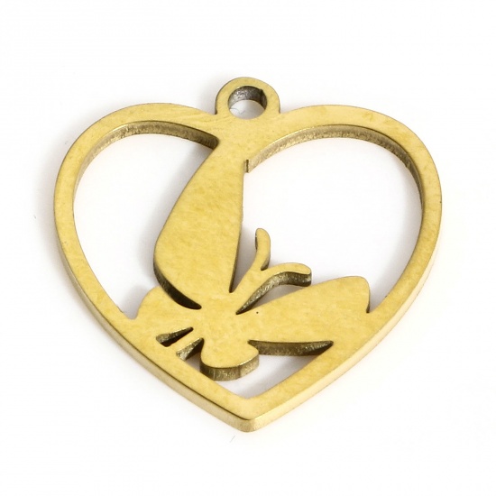 Picture of 1 Piece 304 Stainless Steel Valentine's Day Charms Gold Plated Heart Butterfly Hollow 16mm x 15.5mm