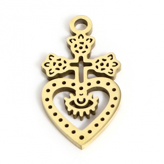 Picture of 1 Piece 304 Stainless Steel Valentine's Day Charms Gold Plated Heart Cross Hollow 17mm x 9mm