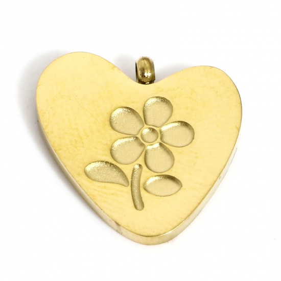 Bild von 1 Stück Vakuumbeschichtung 304 Edelstahl Valentinstag Charms Herz Vergoldet Blumen 15mm x 14mm