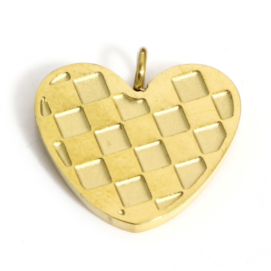 Picture of 1 Piece 304 Stainless Steel Valentine's Day Charms Gold Plated Heart Grid Checker 16mm x 15.5mm