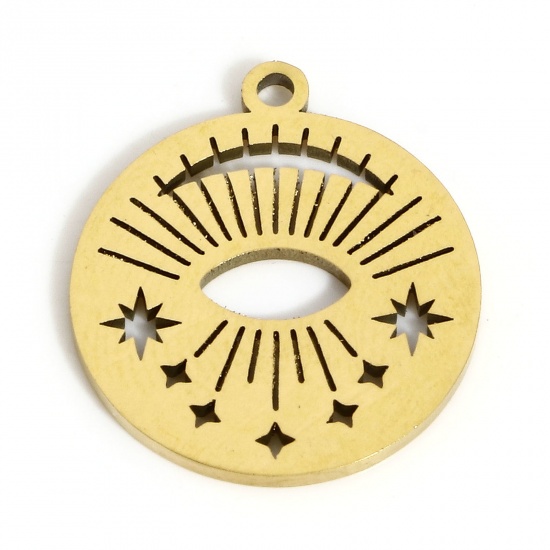 Picture of 1 Piece Eco-friendly PVD Vacuum Plating 304 Stainless Steel Geometric Charms 18K Real Gold Plated Round Star Hollow 17mm x 15mm
