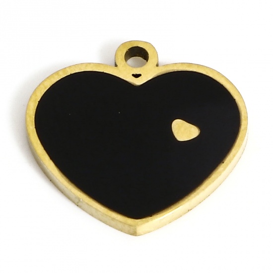 Picture of 1 Piece Vacuum Plating 304 Stainless Steel Stylish Charms Gold Plated Black Heart Enamel 12mm x 12mm