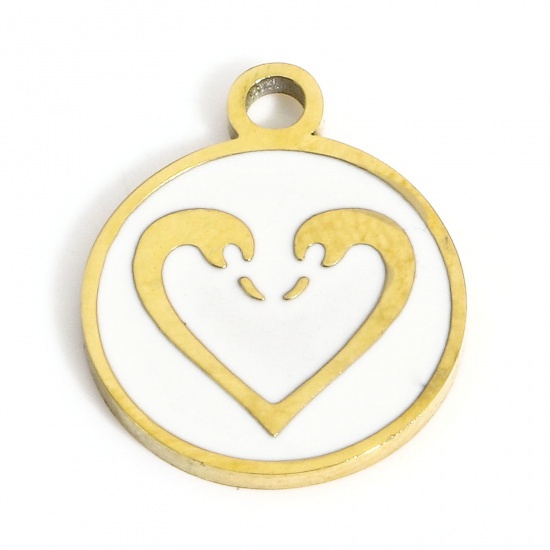 Picture of 1 Piece Vacuum Plating 304 Stainless Steel Stylish Charms Gold Plated White Round Heart Enamel 16.5mm x 13.5mm