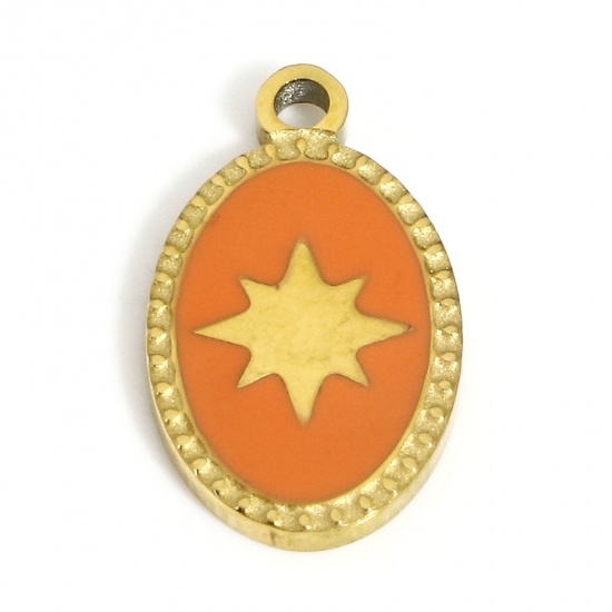 Picture of 1 Piece Vacuum Plating 304 Stainless Steel Stylish Charms Gold Plated Orange Oval Star Enamel 15.5mm x 9mm