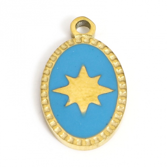 Picture of 1 Piece Vacuum Plating 304 Stainless Steel Stylish Charms Gold Plated Blue Oval Star Enamel 15.5mm x 9mm