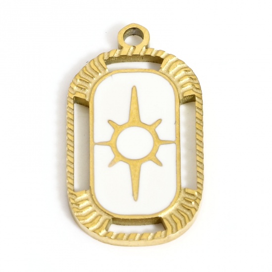 Picture of 1 Piece Vacuum Plating 304 Stainless Steel Stylish Charms Gold Plated White Oval Star Enamel 21.5mm x 12mm