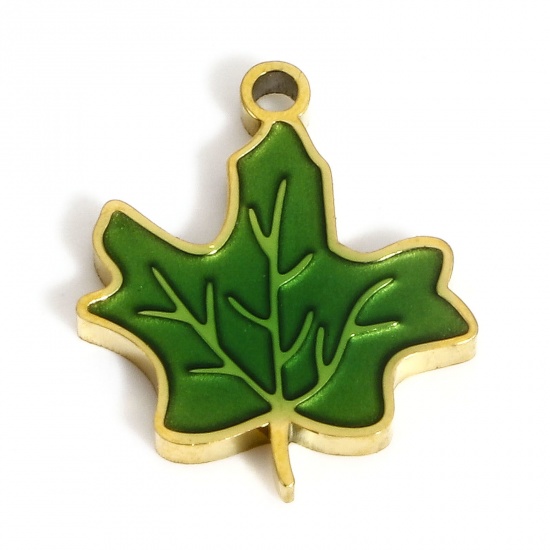 Picture of 1 Piece Vacuum Plating 304 Stainless Steel Stylish Charms Gold Plated Green Maple Leaf Enamel 16mm x 13mm