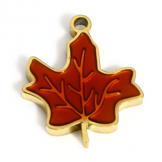 Picture of 1 Piece Vacuum Plating 304 Stainless Steel Stylish Charms Gold Plated Orange-red Maple Leaf Enamel 16mm x 13mm