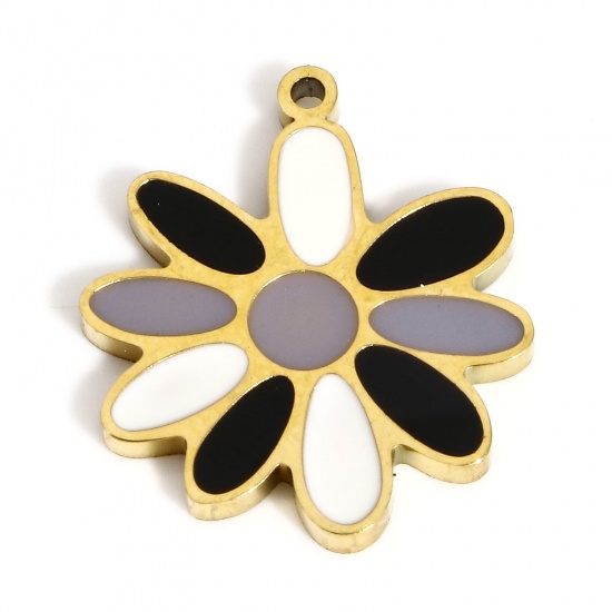 Picture of 1 Piece Vacuum Plating 304 Stainless Steel Stylish Charms Gold Plated Multicolor Flower Enamel 17.5mm x 15mm