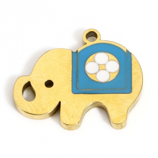 Picture of 1 Piece Vacuum Plating 304 Stainless Steel Stylish Charms Gold Plated Blue Elephant Animal Enamel 16mm x 13.5mm