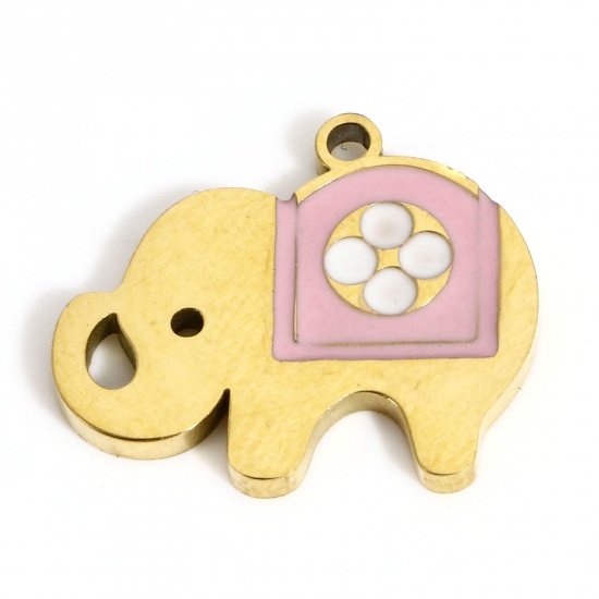 Picture of 1 Piece Vacuum Plating 304 Stainless Steel Stylish Charms Gold Plated Pink Elephant Animal Enamel 16mm x 13.5mm