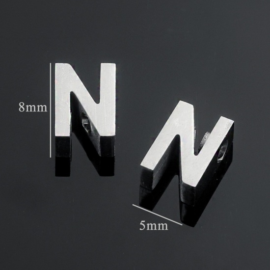 5 個 304ステンレス鋼 チャーム レター シルバートーン 文字「 N」 8mm x 5mm の画像