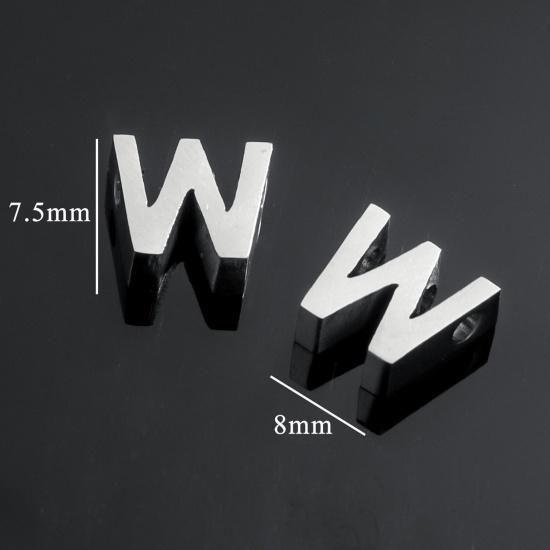 5 個 304ステンレス鋼 チャーム レター シルバートーン 文字「 W」 7.5mm x 8mm の画像