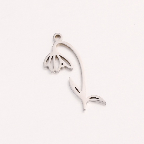 Picture of 1 Piece 304 Stainless Steel Birth Month Flower Charms Silver Tone January Hollow 10mm x 20mm