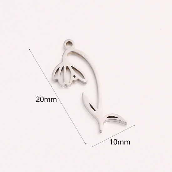 Picture of 1 Piece 304 Stainless Steel Birth Month Flower Charms Silver Tone January Hollow 10mm x 20mm