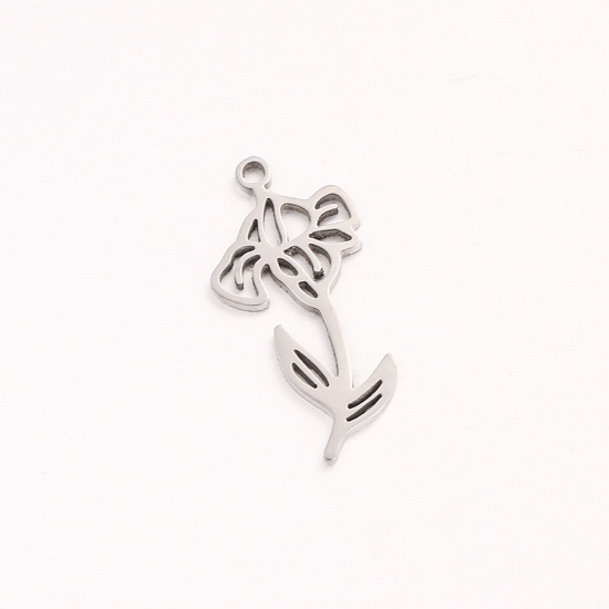 Picture of 1 Piece 304 Stainless Steel Birth Month Flower Charms Silver Tone February Hollow 10mm x 20mm