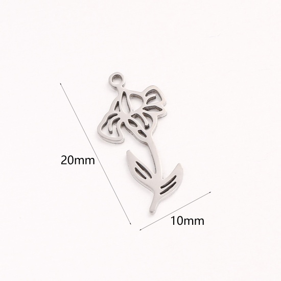 Picture of 1 Piece 304 Stainless Steel Birth Month Flower Charms Silver Tone February Hollow 10mm x 20mm